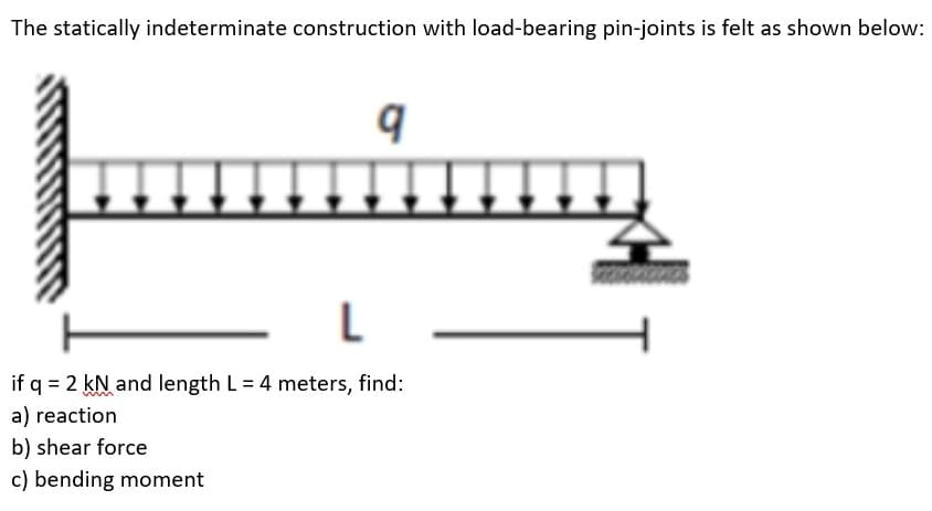 The statically indeterminate construction with load-bearing pin-joints is felt as shown below:
9
↓↓↓
L
if q = 2 kN and length L = 4 meters, find:
a) reaction
b) shear force
c) bending moment