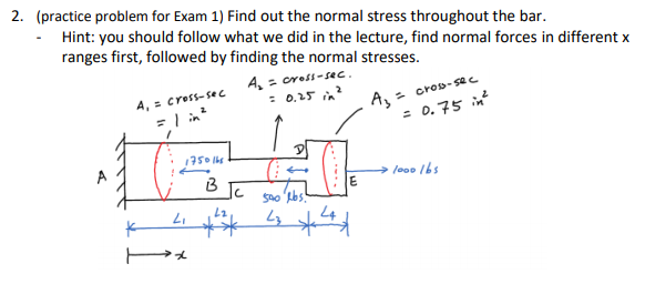 2. (practice problem for Exam 1) Find out the normal stress throughout the bar.
Hint: you should follow what we did in the lecture, find normal forces in different x
ranges first, followed by finding the normal stresses.
A, = cross-sec
=l in?
A, = cross-sec.
: 0.25 in
Az
- cros-se c
= 0.75 int
l000 1bs
'7
