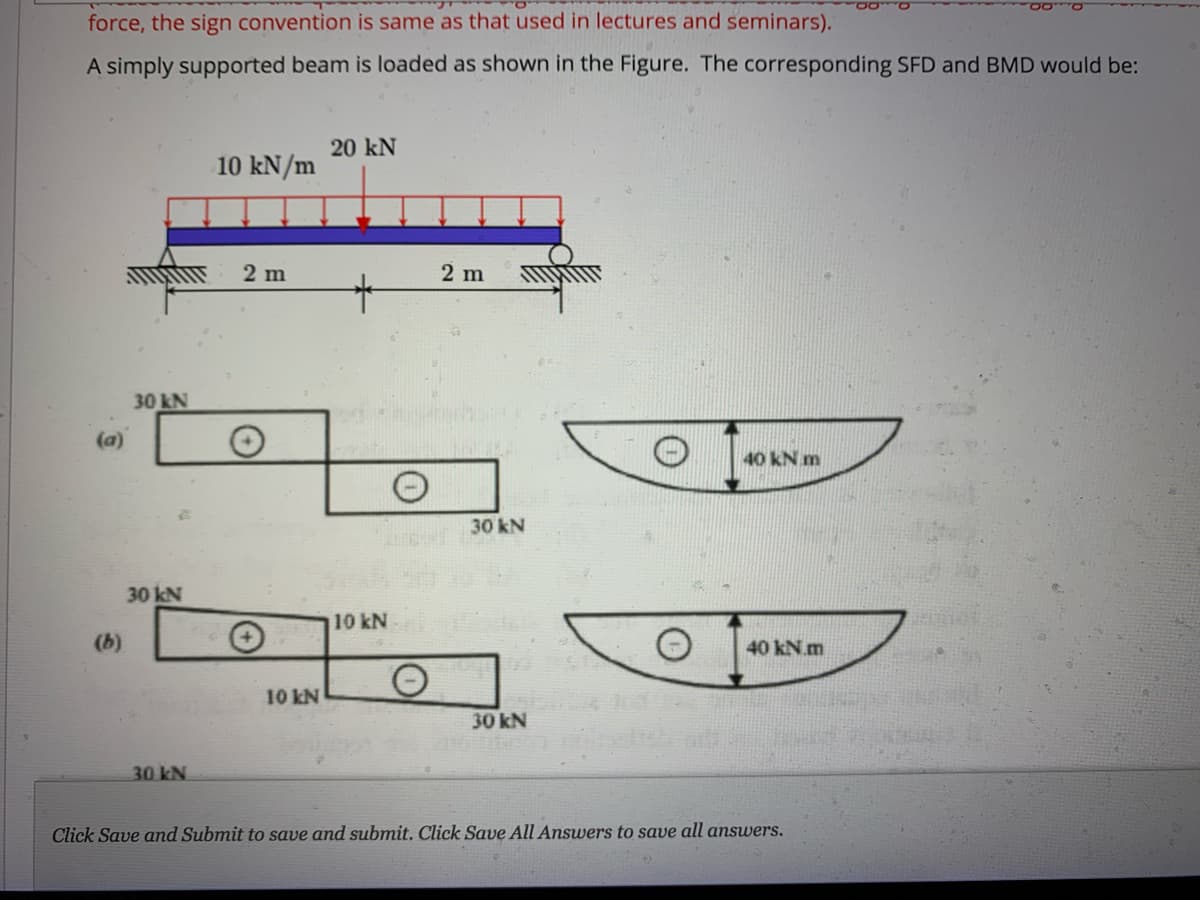 force, the sign convention is same as that used in lectures and seminars).
A simply supported beam is loaded as shown in the Figure. The corresponding SFD and BMD would be:
20 kN
10 kN/m
2 m
2 m
30 kN
(a)
40 kN m
30 kN
30 kN
10 kN
(b)
40 kN.m
10 kN
30 kN
30 kN
Click Save and Submit to save and submit. Click Save All Answers to save all answvers.
