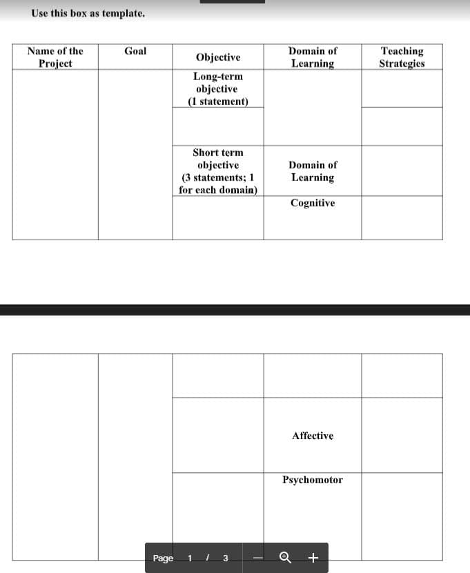 Use this box as template.
Teaching
Strategies
Name of the
Goal
Domain of
Objective
Project
Learning
Long-term
objective
(1 statement)
Short term
objective
(3 statements; 1
for each domain)
Domain of
Learning
Cognitive
Affective
Psychomotor
Page
1 I 3
