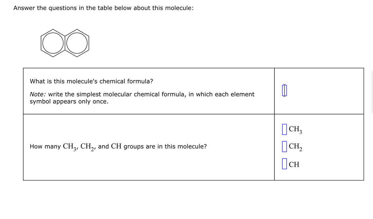 Answer the questions in the table below about this molecule:
∞o
What is this molecule's chemical formula?
Note: write the simplest molecular chemical formula, in which each element
symbol appears only once.
How many CH3, CH₂, and CH groups are in this molecule?
CH3
CH₂
сн