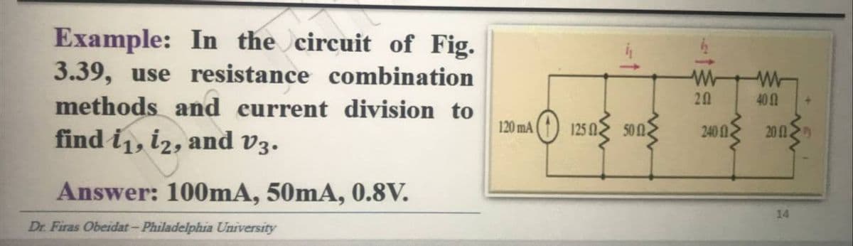 Example: In the circuit of Fig.
3.39, use resistance combination
methods and current division to
find 1₁, 12, and V3.
Answer: 100mA, 50mA, 0.8V.
Dr. Firas Obeidat-Philadelphia University
120 mA 1250 500
w
202
W
400 +
200> a>
14