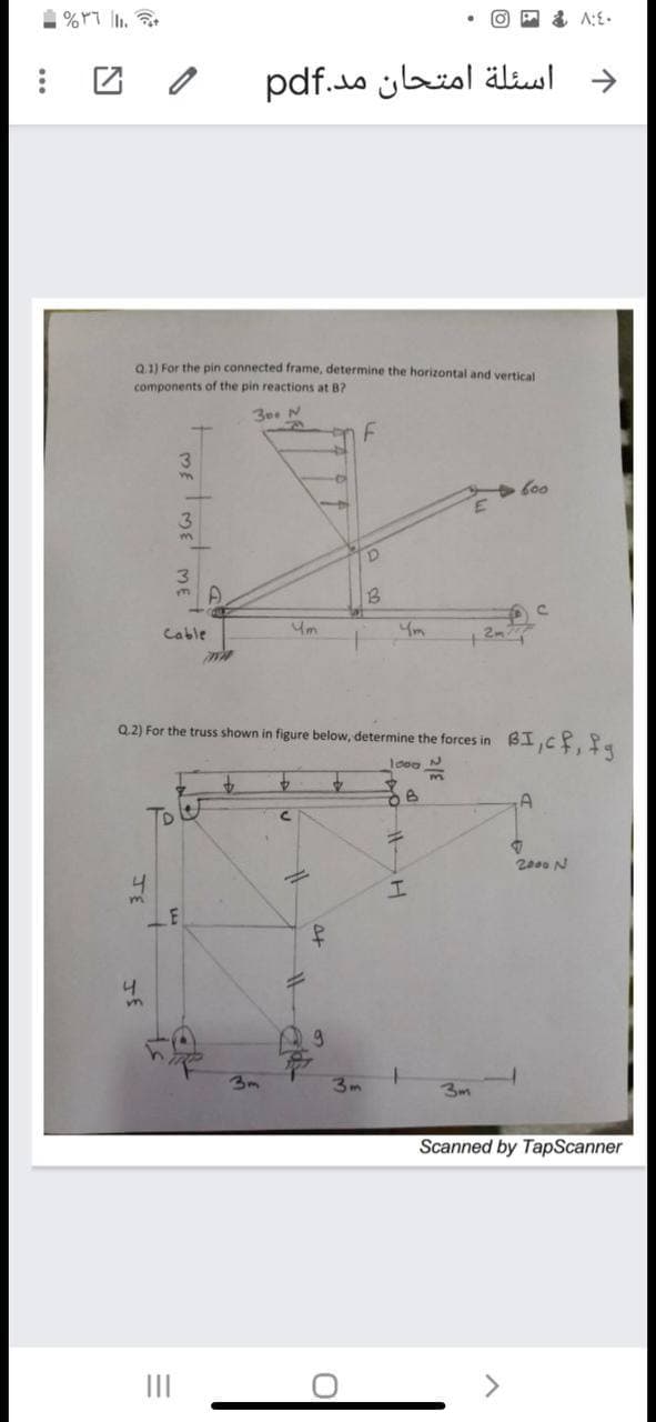 & A:E-
د اسئلة امتحان مد.pdf
0 11 For the pin connected frame, determine the horizontal and vertical
components of the pin reactions at B?
30. N
3
3
13
Cable
Um
Ym
Q.2) For the truss shown in figure below, determine the forces in
loeg N
Z000 N
to
3m
3m
Scanned by TapScanner
JE
