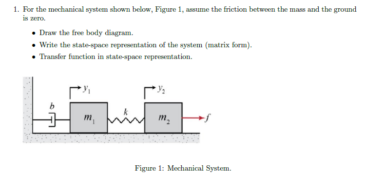 1. For the mechanical system shown below, Figure 1, assume the friction between the mass and the ground
is zero.
• Draw the free body diagram.
• Write the state-space representation of the system (matrix form).
• Transfer function in state-space representation.
m, hin
m.
