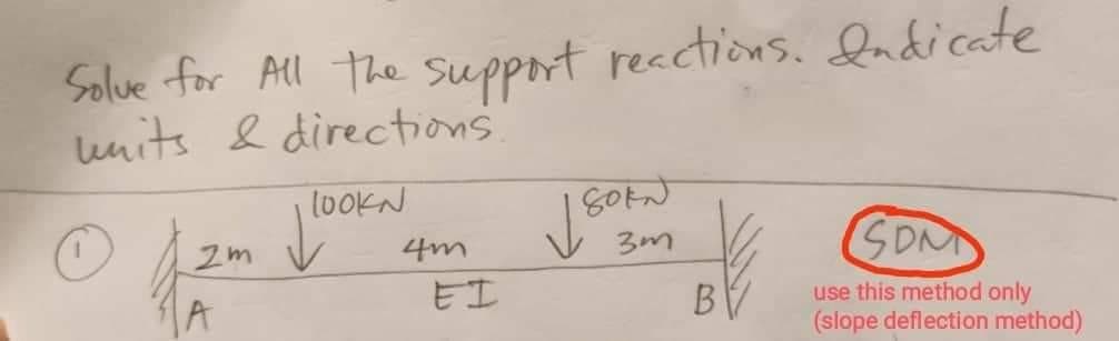 Solue for All the support reactions. ladicate
units & directions
SDN
4m
3m
A
Eエ
use this method only
(slope deflection method)
