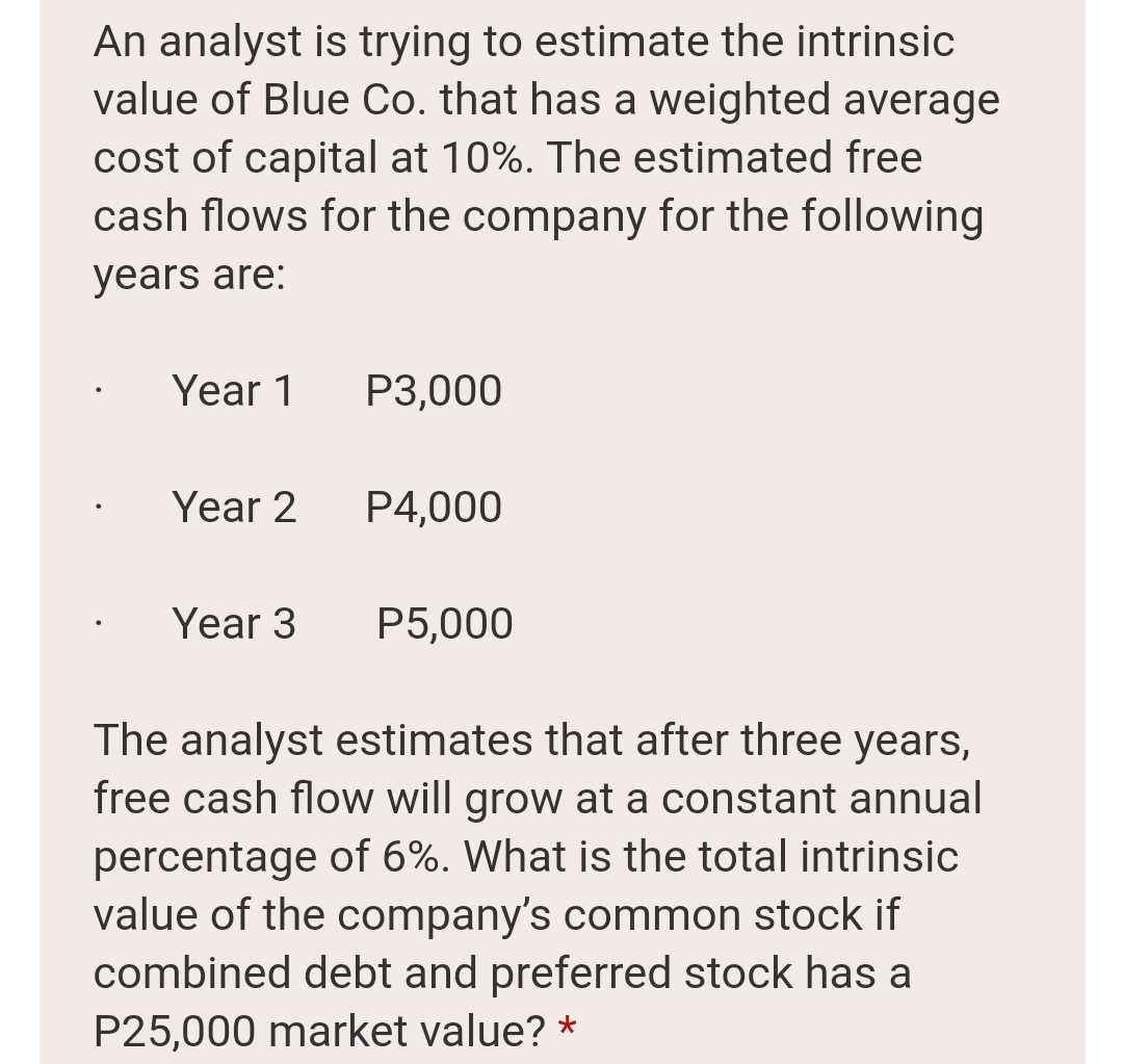 An analyst is trying to estimate the intrinsic
value of Blue Co. that has a weighted average
cost of capital at 10%. The estimated free
cash flows for the company for the following
years are:
Year 1
P3,000
Year 2
P4,000
Year 3
P5,000
The analyst estimates that after three years,
free cash flow will grow at a constant annual
percentage of 6%. What is the total intrinsic
value of the company's common stock if
combined debt and preferred stock has a
P25,000 market value? *
