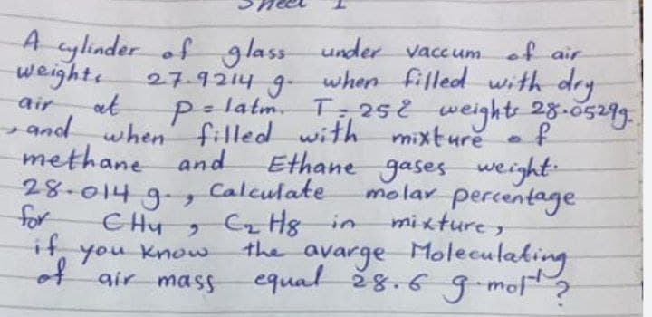 A cylinder of glassunder vaccum of air
weights
27.9214 9- when filled with dry
at
- latm. T 252 weight 28-ö529g.
air
and when' filled with mixture f
methane and
28-014 9-
for
it you Know
f gir mass
Ethane gases weight
molar percentage
mixture,
Calculate
Cz Hg in
the avarge Moleculaking
equal ž8.6 g.mof?
C Hy
