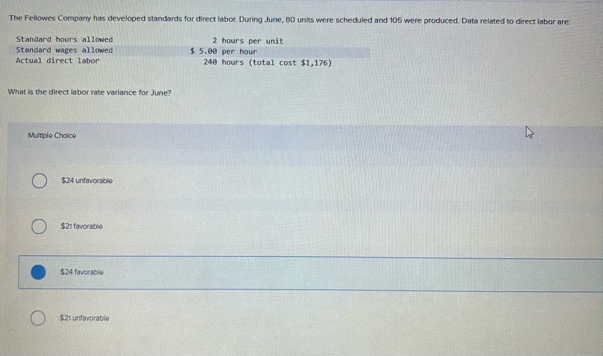 The Fellowes Company has developed standards for direct labor. During June, 80 units were scheduled and 105 were produced. Data related to direct labor are:
Standard hours allowed
Standard wages allowed.
Actual direct labor
What is the direct labor rate variance for June?
Multiple Choice
$24 unfavorable
$21 favorable
$24 favorable
$21 unfavorable
2 hours per unit.
$5.00 per hour
240 hours (total cost $1,176)