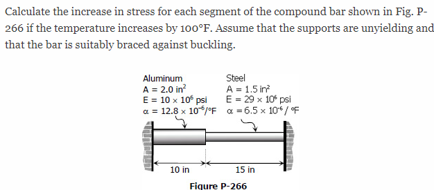 Calculate the increase in stress for each segment of the compound bar shown in Fig. P-
266 if the temperature increases by 100°F. Assume that the supports are unyielding and
that the bar is suitably braced against buckling.
Steel
A = 1.5 in?
E = 29 x 10° psi
a = 12.8 x 10/°F a = 6.5 x 10*/ oF
Aluminum
A = 2.0 in?
E = 10 x 10° psi
10 in
15 in
Figure P-266
