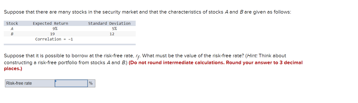 Suppose that there are many stocks in the security market and that the characteristics of stocks A and B are given as follows:
Stock
A
B
Expected Return
9%
19
Correlation = -1
Standard Deviation
5%
12
Suppose that it is possible to borrow at the risk-free rate, rf. What must be the value of the risk-free rate? (Hint: Think about
constructing a risk-free portfolio from stocks A and B.) (Do not round intermediate calculations. Round your answer to 3 decimal
places.)
Risk-free rate
%