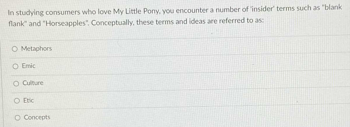 In studying consumers who love My Little Pony, you encounter a number of 'insider' terms such as "blank
flank" and "Horseapples". Conceptually, these terms and ideas are referred to as:
O Metaphors
O Emic
O Culture
O Etic
O Concepts