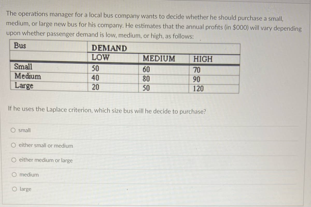 The operations manager for a local bus company wants to decide whether he should purchase a small,
medium, or large new bus for his company. He estimates that the annual profits (in $000) will vary depending
upon whether passenger demand is low, medium, or high, as follows:
Bus
DEMAND
LOW
50
40
20
Small
Medium
Large
O small
If he uses the Laplace criterion, which size bus will he decide to purchase?
O either small or medium
O either medium or large
O medium
MEDIUM
60
80
50
O large
HIGH
70
90
120