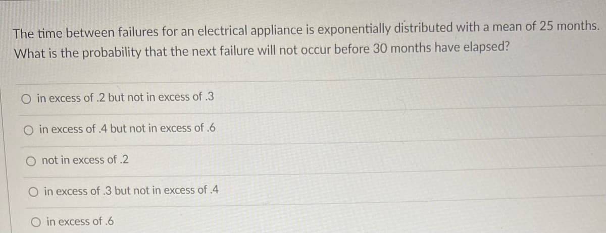 The time between failures for an electrical appliance is exponentially distributed with a mean of 25 months.
What is the probability that the next failure will not occur before 30 months have elapsed?
O in excess of .2 but not in excess of .3
O in excess of .4 but not in excess of .6
not in excess of .2
O in excess of .3 but not in excess of .4
O in excess of .6