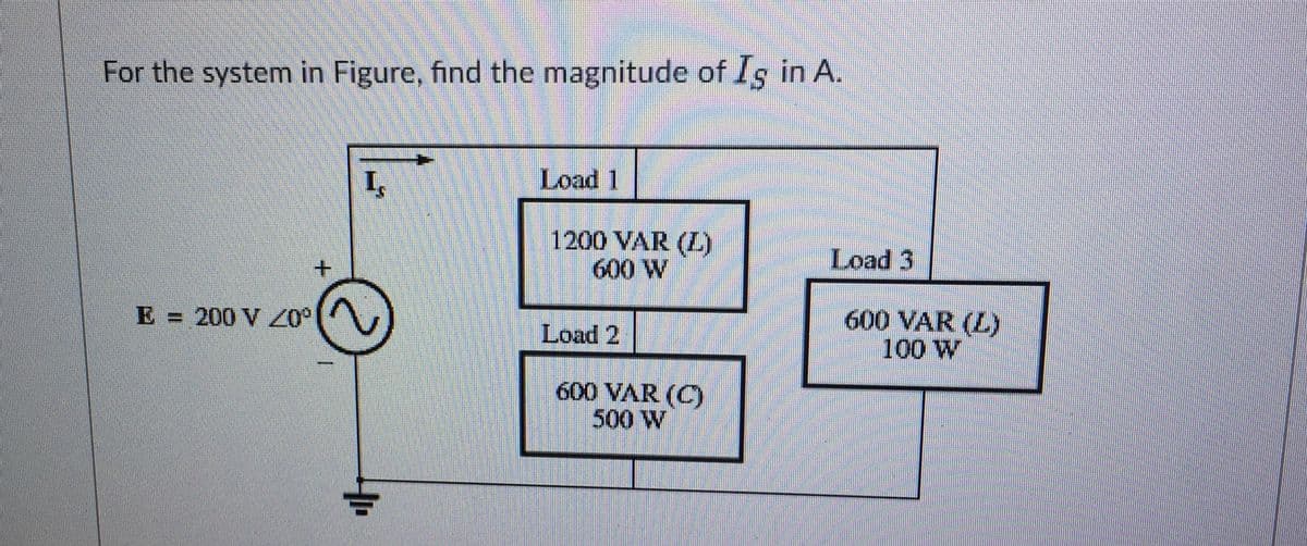 For the system in Figure, find the magnitude of Is in A.
E 200 V 20⁰
+
I,
Load 1
1200 VAR (L)
600 W
Load 2
600 VAR (C)
500 W
Load 3
600 VAR (L)
100 W