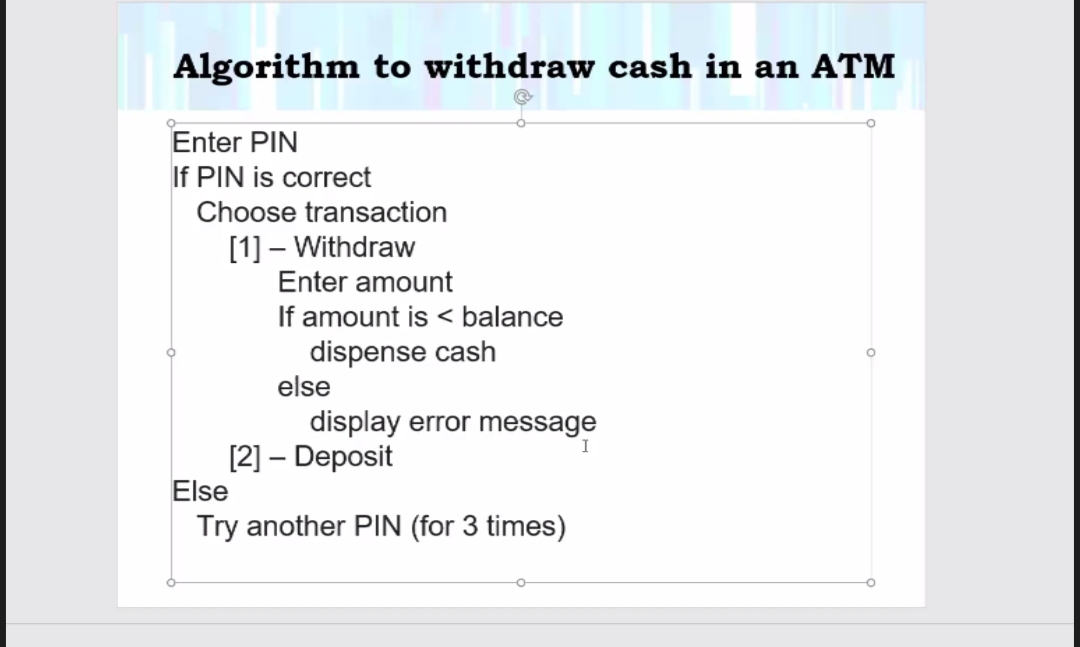 Algorithm to withdraw cash in an ATM
Enter PIN
If PIN is correct
Choose transaction
[1] – Withdraw
Enter amount
If amount is < balance
dispense cash
else
display error message
[2] – Deposit
Else
I
Try another PIN (for 3 times)
