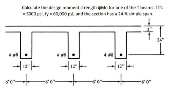 Calculate the design moment strength pMn for one of the T beams if f'c
= 5000 psi, fy = 60,000 psi, and the section has a 24-ft simple span.
3"
24"
4 #8
4 #8
4 #8
-| 12"|-
-12"-
12'
6' 0".
-60"-
-6' 0":
6'0"
