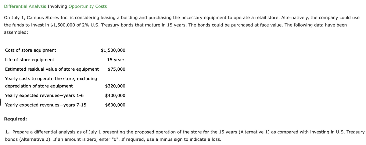 Differential Analysis Involving Opportunity Costs
On July 1, Campus Stores Inc. is considering leasing a building and purchasing the necessary equipment to operate a retail store. Alternatively, the company could use
the funds to invest in $1,500,000 of 2% U.S. Treasury bonds that mature in 15 years. The bonds could be purchased at face value. The following data have been
assembled:
Cost of store equipment
Life of store equipment
Estimated residual value of store equipment
Yearly costs to operate the store, excluding
depreciation of store equipment
Yearly expected revenues-years 1-6
Yearly expected revenues-years 7-15
Required:
$1,500,000
15 years
$75,000
$320,000
$400,000
$600,000
1. Prepare a differential analysis as of July 1 presenting the proposed operation of the store for the 15 years (Alternative 1) as compared with investing in U.S. Treasury
bonds (Alternative 2). If an amount is zero, enter "0". If required, use a minus sign to indicate a loss.