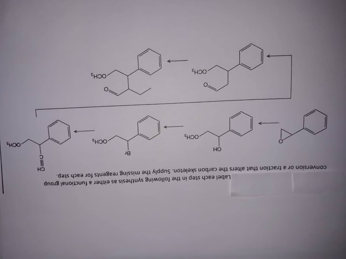 Label each step in the following synthesis as either a functional group
CH
conversion or a traction that alters the carbon skeleton. Supply the missing reagents for each step.
Br
но
OCH3
OCH3
OCH3
OCH3
OCH3
