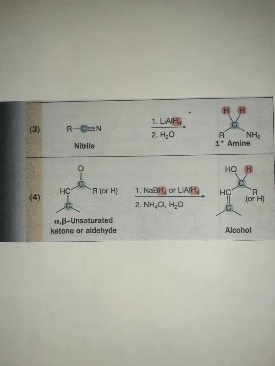 H H
1. LIAIH
(3)
R-C=N
2. H20
R
NH2
Nitrile
1° Amine
Но н
HC
R (or H)
1. NaBH, or LIAIH
HC
(4)
R.
(or H)
2. NH,CI, H2O
a,B-Unsaturated
ketone or aldehyde
Alcohol
