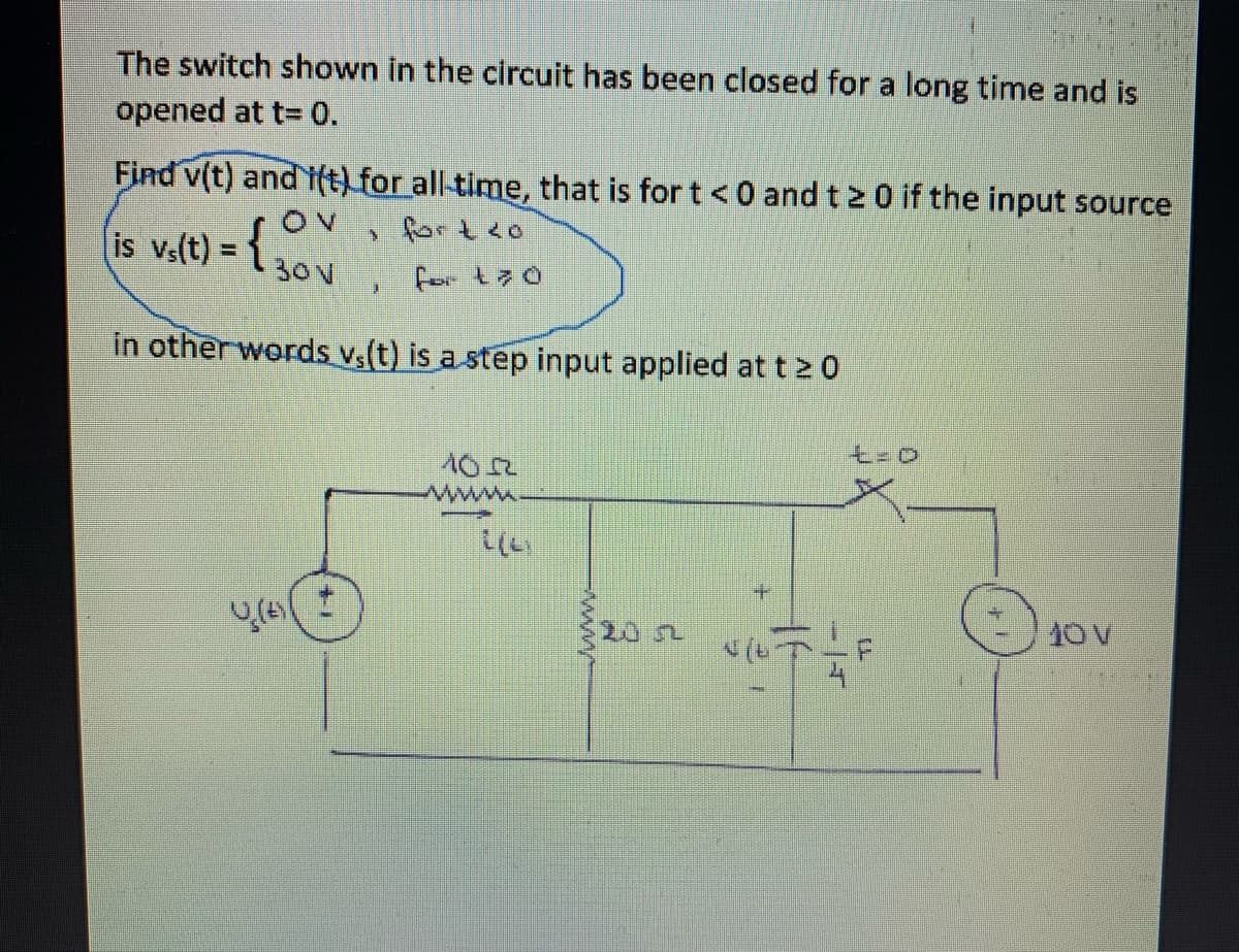 The switch shown in the circuit has been closed for a long time and is
opened at t= 0.
Find v(t) and i(t) for all-time, that is for t <0 and t 2 0 if the input source
OV
forteo
is v.t) = {
30N
for t70
in other words Vs(t) is a step input applied at t 2 0
+.
బ కాల
40 V
