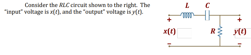 Consider the RLC circuit shown to the right. The
"input" voltage is x(t), and the "output" voltage is y(t).
L
C
+
x(t)
R
y(t)
