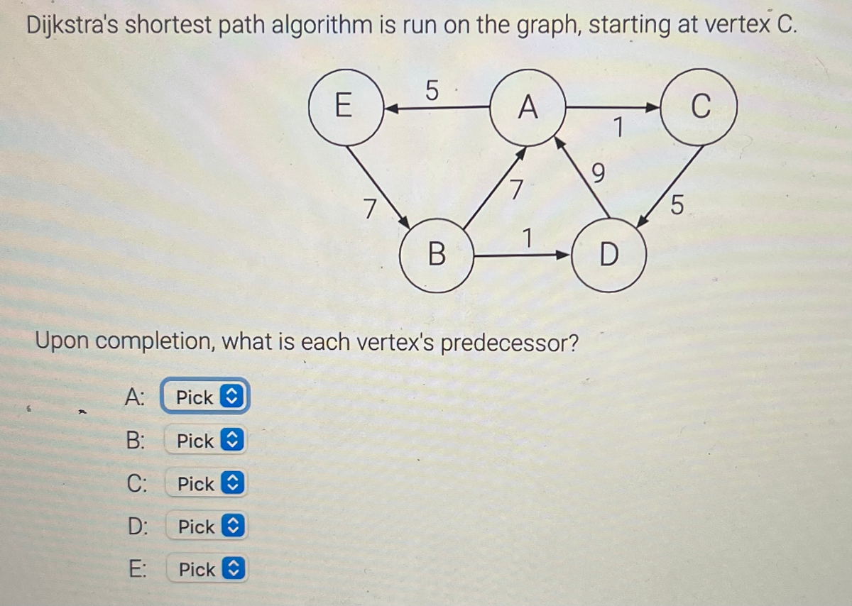 Dijkstra's shortest path algorithm is run on the graph, starting at vertex C.
A: Pick
B:
C:
D:
E:
Pick
Pick
Pick
E
Pick
7
Upon completion, what is each vertex's predecessor?
5
B
A
1
9
1
D
5
C