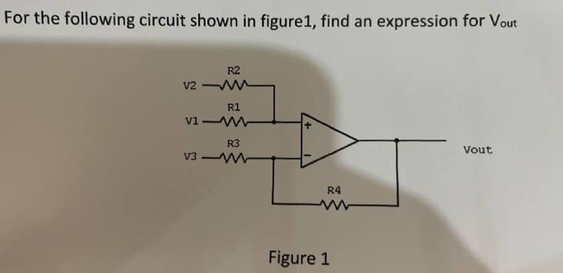 For the following circuit shown in figure1, find an expression for Vout
R2
v2
R1
v1-W
R3
Vout
V3 W
R4
Figure 1
