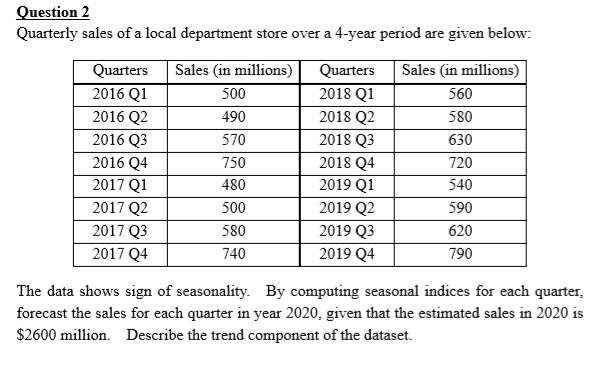 Quarterly sales of a local department store over a 4-year period are given below:
Quarters
2016 Q1
Sales (in millions)
500
Quarters
2018 Q1
Sales (in millions)
560
2016 Q2
490
580
2018 Q2
2018 Q3
2018 Q4
2019 Q1
2019 Q2
2016 Q3
570
630
2016 Q4
2017 Q1
2017 Q2
750
720
480
540
500
590
2017 Q3
580
2019 Q3
620
2017 Q4
740
2019 Q4
790
The data shows sign of seasonality. By computing seasonal indices for each quarter,
forecast the sales for each quarter in year 2020, given that the estimated sales in 2020 is
