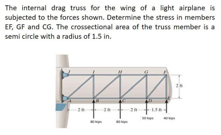 The internal drag truss for the wing of a light airplane is
subjected to the forces shown. Determine the stress in members
EF, GF and CG. The crossectional area of the truss member is a
semi circle with a radius of 1.5 in.
2 ft
2 ft
-2 ft
2 ft
1.5 ft
50 kips
40 kips
80 kips
80 kips

