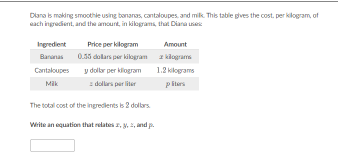 Diana is making smoothie using bananas, cantaloupes, and milk. This table gives the cost, per kilogram, of
each ingredient, and the amount, in kilograms, that Diana uses:
Ingredient
Price per kilogram
Amount
Bananas
0.55 dollars per kilogram z kilograms
Cantaloupes
y dollar per kilogram
1.2 kilograms
Milk
z dollars per liter
p liters
The total cost of the ingredients is 2 dollars.
Write an equation that relates a, y, 2, and p.
