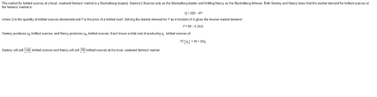 The market for knitted scarves at a local, weekend farmers' market is a Stackelberg duopoly. Sammy's Scarves acts as the Stackelberg leader and Knitting Nancy as the Stackelberg follower. Both Sammy and Nancy know that the market demand for knitted scarves at
the farmers' market is:
Q=320-4P
where Q is the quantity of knitted scarves demanded and P is the price of a knitted scarf. Solving the market demand for P as a function of Q gives the inverse market demand:
P-80-0.25Q.
Sammy produces qs knitted scarves, and Nancy produces q knitted scarves. Each incurs a total cost of producing q; knitted scarves of
TC (91)=
=30+20q
Sammy will sell 140 knitted scarves and Nancy will sell 70 knitted scarves at the local, weekend farmers' market.