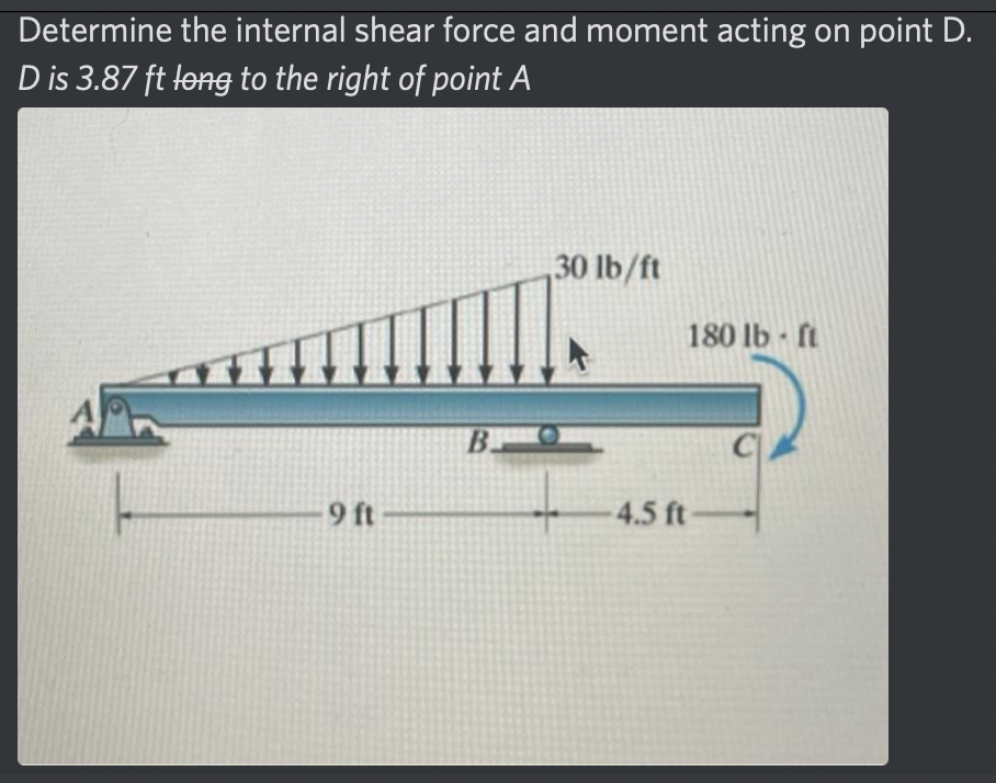 Determine the internal shear force and moment acting on point D.
D is 3.87 ft long to the right of point A
9 ft
30 lb/ft
-4.5 ft
180 lb-ft