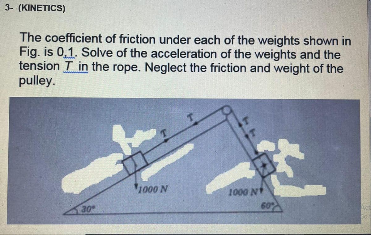 3- (KINETICS)
The coefficient of friction under each of the weights shown in
Fig. is 0,1. Solve of the acceleration of the weights and the
tension T in the rope. Neglect the friction and weight of the
pulley.
1000 N
1000 N
30
60
Act
