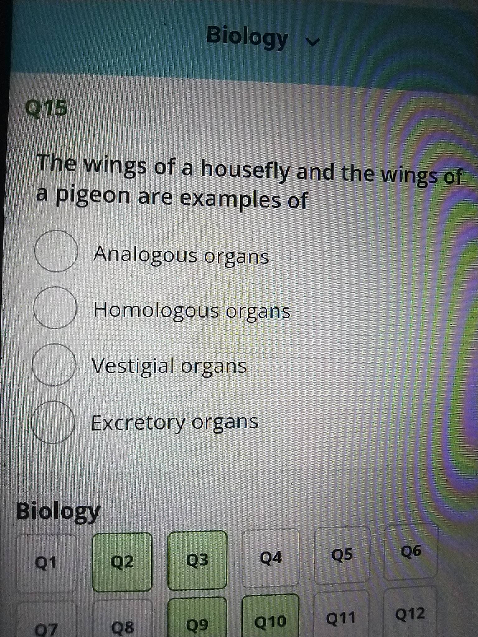 Biology ♥
The wings of a housefly and the wings of
a pigeon are examples of
Analogous organs
Homologous organs
Vestigial organs
Excretory organs
Biology
Q2
Q4
Q5
90
60
Q10
Q11
Q12
Q8
