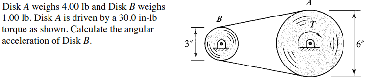 Disk A weighs 4.00 lb and Disk B weighs
1.00 lb. Disk A is driven by a 30.0 in-lb
torque as shown. Calculate the angular
acceleration of Disk B.
3"
B
3
T
6"