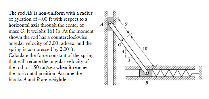 The rod AB is non-uniform with a radius
of gyration of 4.00 ft with respect to a
horizontal axis through the center of
mass G. It weighs 161 lb. At the moment
shown the rod has a counterclockwise
angular velocity of 3.00 rad/sec, and the
spring is compressed by 2.00 ft.
Calculate the force constant of the spring
that will reduce the angular velocity of
the rod to 1.50 rad/sec when it reaches
the horizontal position. Assume the
blocks A and B are weightless.
5'
3
10'
B