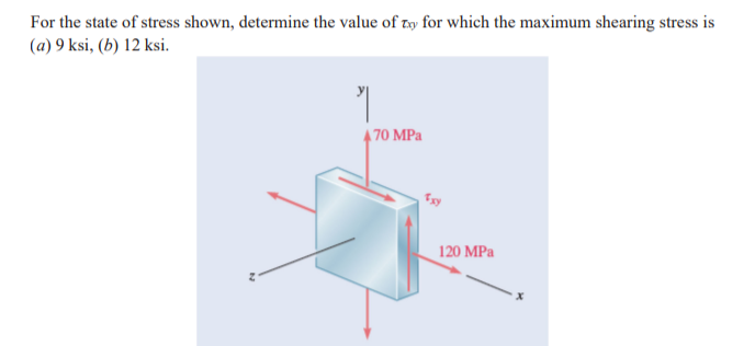 For the state of stress shown, determine the value of zy for which the maximum shearing stress is
(a) 9 ksi, (b) 12 ksi.
470 MPa
120 MPa
