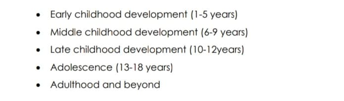 Early childhood development (1-5 years)
Middle childhood development (6-9 years)
Late childhood development (10-12years)
• Adolescence (13-18 years)
Adulthood and beyond

