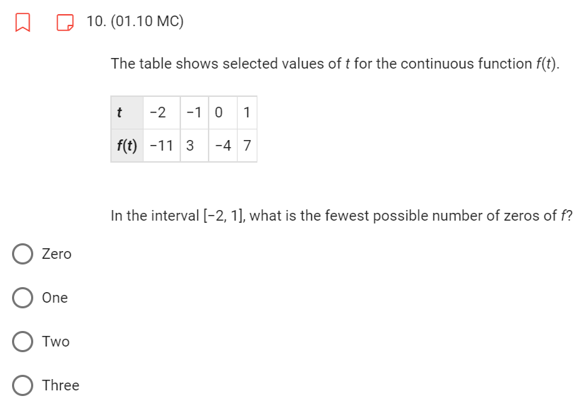 Zero
O One
Two
O Three
10. (01.10 MC)
The table shows selected values of t for the continuous function f(t).
-2 -10 1
f(t) -11 3 -4 7
t
In the interval [-2, 1], what is the fewest possible number of zeros of f?