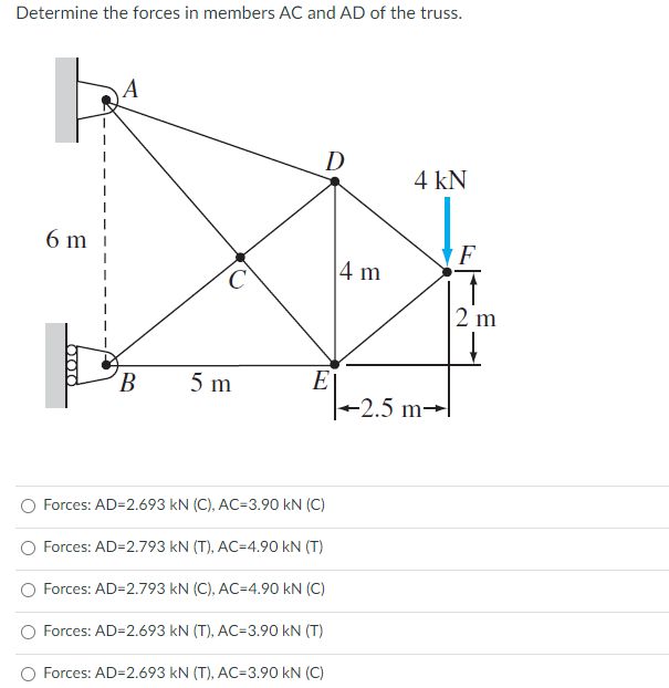Determine the forces in members AC and AD of the truss.
D
4 kN
6 m
F
|4 m
2 m
5 m
E
-2.5 m→|
B
O Forces: AD=2.693 kN (C), AC=3.90 kN (C)
Forces: AD=2.793 kN (T), AC=4.90 kN (T)
Forces: AD=2.793 kN (C), AC=4.90 kN (C)
Forces: AD=2.693 kN (T), AC=3.90 kN (T)
O Forces: AD=2.693 kN (T), AC=3.90 kN (C)
