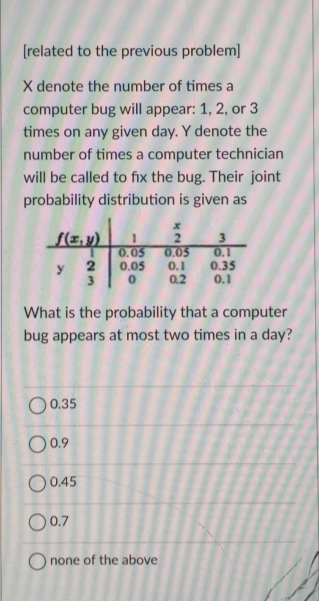 [related to the previous problem]
X denote the number of times a
computer bug will appear: 1, 2, or 3
times on any given day. Y denote the
number of times a computer technician
will be called to fix the bug. Their joint
probability distribution is given as
[(z, y)
0.05
0.05
0.05
0.1
0.2
0.1
0.35
0.1
y
3.
What is the probability that a computer
bug appears at most two times in a day?
O 0.35
O0.9
O0.45
O 0.7
O none of the above
