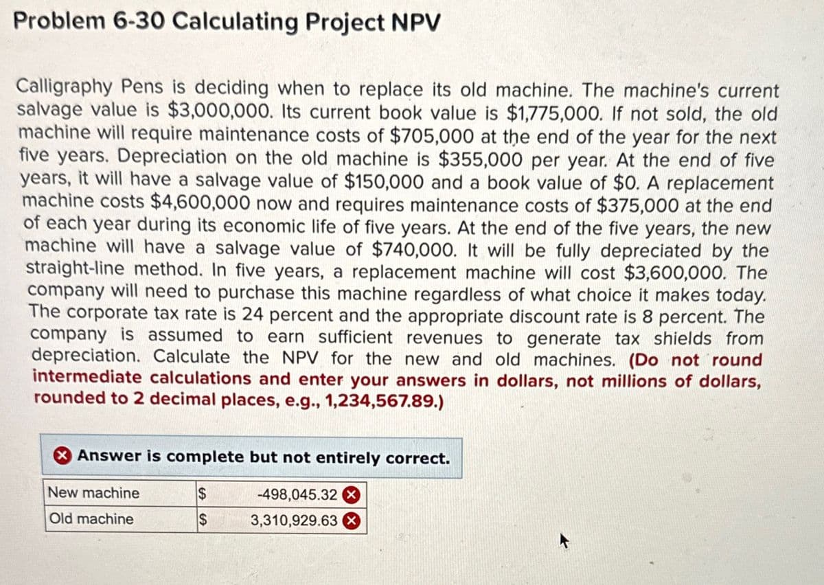 Problem 6-30 Calculating Project NPV
Calligraphy Pens is deciding when to replace its old machine. The machine's current
salvage value is $3,000,000. Its current book value is $1,775,000. If not sold, the old
machine will require maintenance costs of $705,000 at the end of the year for the next
five years. Depreciation on the old machine is $355,000 per year. At the end of five
years, it will have a salvage value of $150,000 and a book value of $0. A replacement
machine costs $4,600,000 now and requires maintenance costs of $375,000 at the end
of each year during its economic life of five years. At the end of the five years, the new
machine will have a salvage value of $740,000. It will be fully depreciated by the
straight-line method. In five years, a replacement machine will cost $3,600,000. The
company will need to purchase this machine regardless of what choice it makes today.
The corporate tax rate is 24 percent and the appropriate discount rate is 8 percent. The
company is assumed to earn sufficient revenues to generate tax shields from
depreciation. Calculate the NPV for the new and old machines. (Do not round
intermediate calculations and enter your answers in dollars, not millions of dollars,
rounded to 2 decimal places, e.g., 1,234,567.89.)
Answer is complete but not entirely correct.
New machine
$
-498,045.32 ×
Old machine
$
3,310,929.63 ×