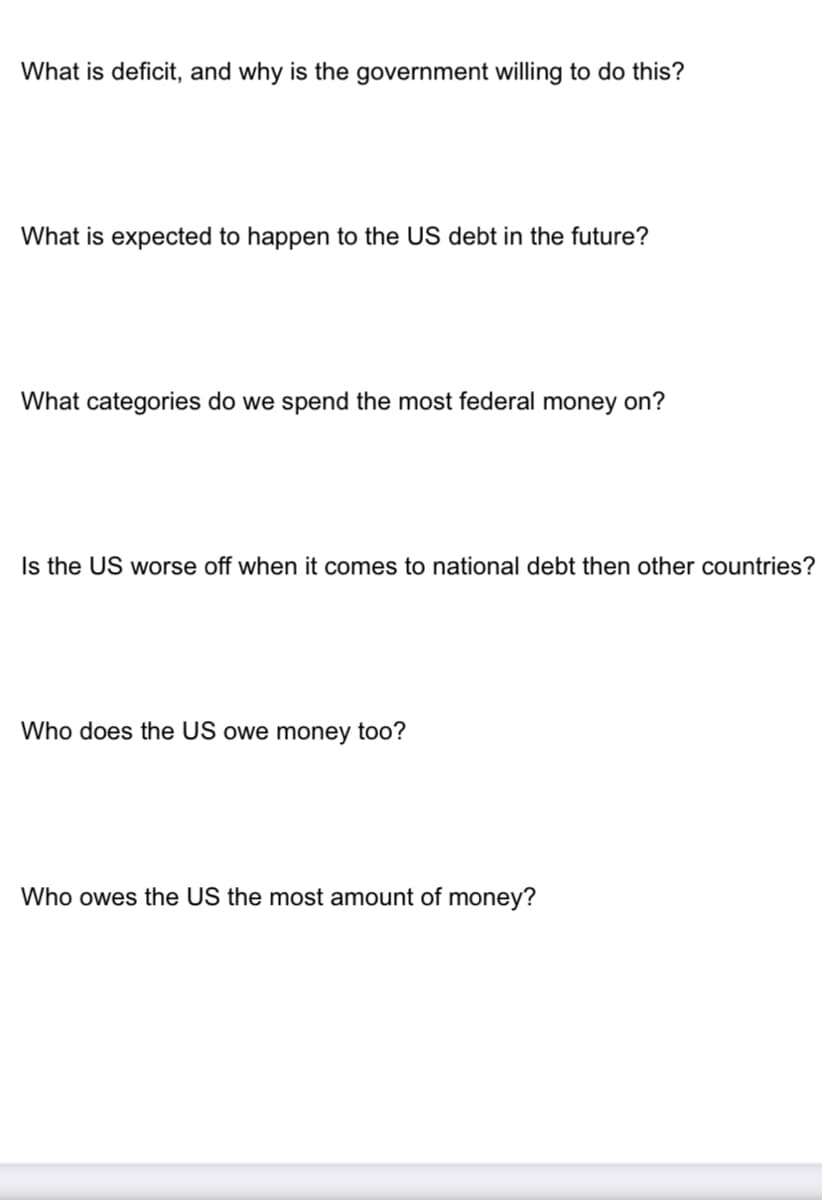 What is deficit, and why is the government willing to do this?
What is expected to happen to the US debt in the future?
What categories do we spend the most federal money on?
Is the US worse off when it comes to national debt then other countries?
Who does the US owe money too?
Who owes the US the most amount of money?