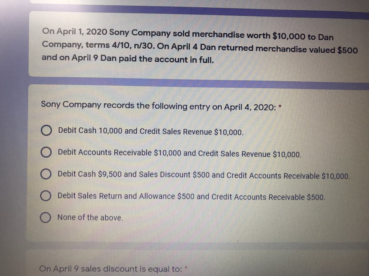 On April 1, 2020 Sony Company sold merchandise worth $10,000 to Dan
Company, terms 4/10, n/30. On April 4 Dan returned merchandise valued $500
and on April9 Dan paid the account in full.
Sony Company records the following entry on April 4, 2020: *
Debit Cash 10,000 and Credit Sales Revenue $10,000.
O Debit Accounts Receivable $10,000 and Credit Sales Revenue $10,000.
O Debit Cash $9,500 and Sales Discount $500 and Credit Accounts Receivable $10,000.
Debit Sales Return and Allowance $500 and Credit Accounts Receivable $500.
None of the above.
On April 9 sales discount is equal to:
