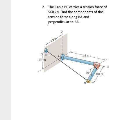 2.
The Cable BC carries a tension force of
500 kN. Find the components of the
tension force along BA and
perpendicular to BA.
1.2 m-
1.6 m.
0.7 m
30
0.8 m
B
