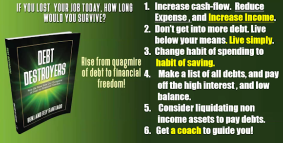 IF YOU LOST YOUR JOB TODAY, HOW LONG 1. Increase cash-flow. Reduce
WOULD YOU SURVIVE?
DEBT
DESTROYERS
Expense, and Increase Income.
2. Don't get into more debt. Live
below your means. Live simply.
3. Change habit of spending to
habit of saving.
of debt to financial 4. Make a list of all debts, and pay
Rise from quagmire
freedom!
off the high interest, and low
balance,
5. Consider liquidating non
AY & A Y
REWI AND FEY SANTA
income assets to pay debts.
6. Get a coach to guide you!
