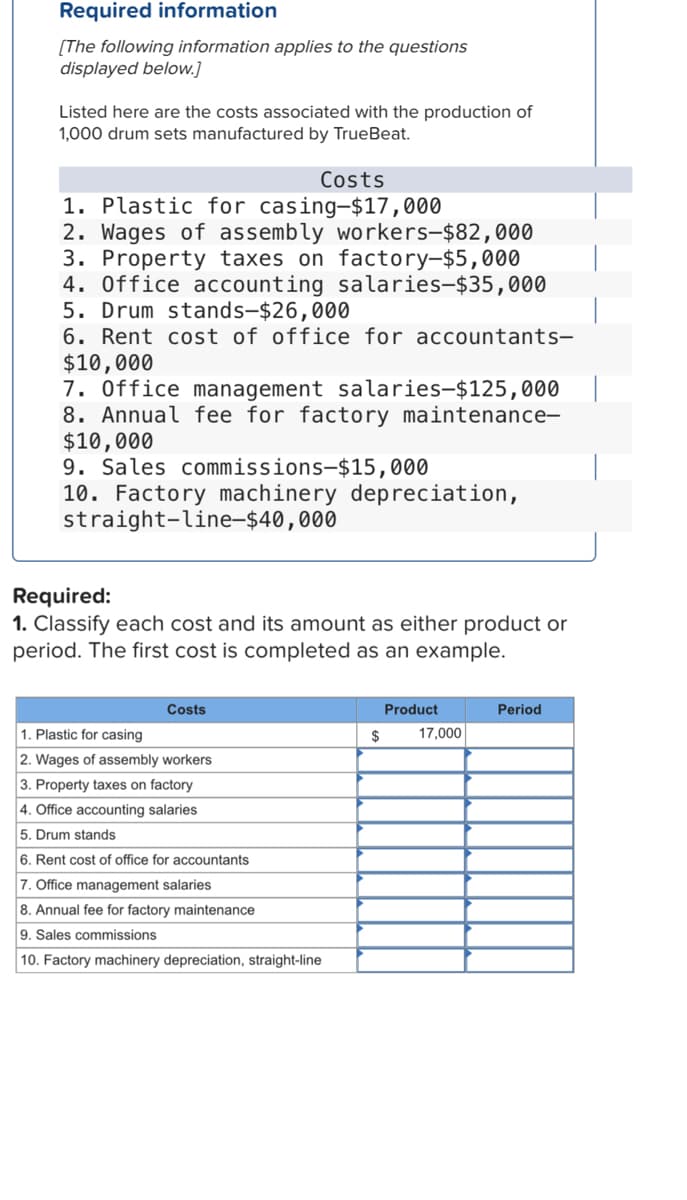 Required information
[The following information applies to the questions
displayed below.]
Listed here are the costs associated with the production of
1,000 drum sets manufactured by TrueBeat.
Costs
1. Plastic for casing-$17,000
2. Wages of assembly workers-$82,000
3. Property taxes on factory-$5,000
4. Office accounting salaries-$35,000
5. Drum stands-$26,000
6. Rent cost of office for accountants-
$10,000
7. Office management salaries-$125,000
8. Annual fee for factory maintenance-
$10,000
9. Sales commissions-$15,000
10. Factory machinery depreciation,
straight-line-$40,000
Required:
1. Classify each cost and its amount as either product or
period. The first cost is completed as an example.
Costs
1. Plastic for casing
2. Wages of assembly workers
3. Property taxes on factory
4. Office accounting salaries
5. Drum stands
6. Rent cost of office for accountants
7. Office management salaries
8. Annual fee for factory maintenance
9. Sales commissions
10. Factory machinery depreciation, straight-line
$
Product
17,000
Period