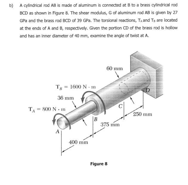 b) A cylindrical rod AB is made of aluminum is connected at B to a brass qylindrical rod
BCD as shown in Figure 8. The shear modulus, G of aluminum rod AB is given by 27
GPa and the brass rod BCD of 39 GPa. The torsional reactions, TA and Ts are located
at the ends of A and B, respectively. Given the portion CD of the brass rod is hollow
and has an inner diameter of 40 mm, examine the angle of twist at A.
60 mm
Tg = 1600 N - m
36 mm
TA = 800 N m
250 mm
375 mm
A
400 mm
Figure 8
