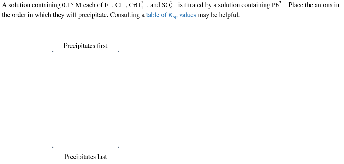 A solution containing 0.15 M each of F, CI¯¯, CrO², and SO2 is titrated by a solution containing Pb²+. Place the anions in
the order in which they will precipitate. Consulting a table of Ksp values may be helpful.
Precipitates first
Precipitates last