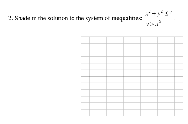 x² + y° < 4
2. Shade in the solution to the system of inequalities:
y >x?
